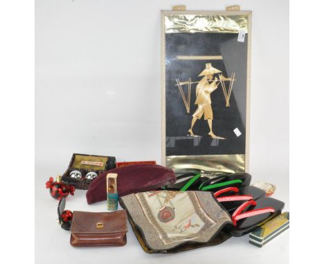 An assortment of Oriental items, including a Hero Harmonica, traditional Japanese shoes and other items