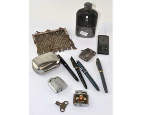 Assorted collectables, including a silver plate mounted hip flask, fountain pens, a vintage silver plate mesh purse and more