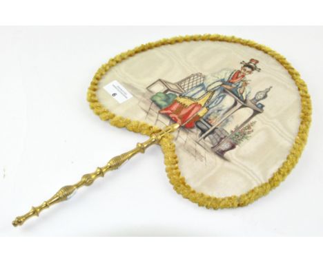 An embroidered Chinese hand fan depiciting a lady in period dress, with gilt handle, 41cm long