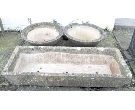 Two garden pots and a large trough, 114cm wide
