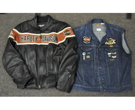 A gentleman's Harley Davidson leather jacket (medium) and a Rustler denim men's waistcoat with motorcycle badges (large)