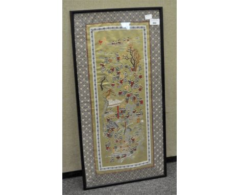A Chinese 100 children playing silk picture, framed and glazed, 68cm x 34cm