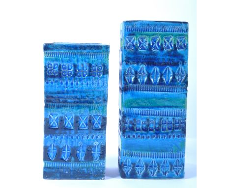 Two Aldo Londi for Bitossi Rimini Blu 1960's vintage Italian pottery slab/brick vases having incised repeating decoration, bo