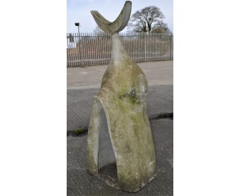 A large cast concrete abstract garden sculpture with a crescent shape finial, 166cm high
