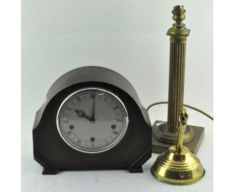 An oak cased mantel clock, together with a brass lamp base in column form, largest 33cm high