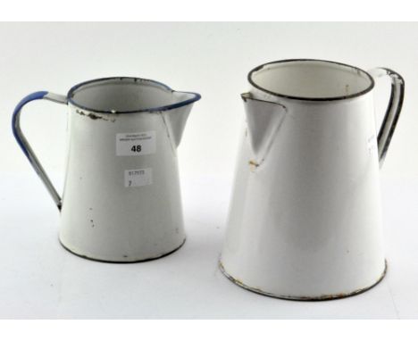 Two vintage enamel pouring jugs, one stamped 'made in Republic of Ireland' to base, largest 18cm high