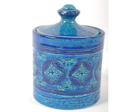 Aldo Londi for Bitossi 1960's vintage Italian pottery lidded cylindrical pot with incised repeating decoration, 16cm high