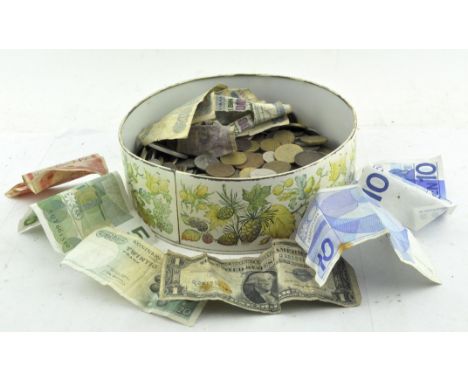 A collection of assorted coins, including GB and rest of the world, together with a group of vintage bank notes