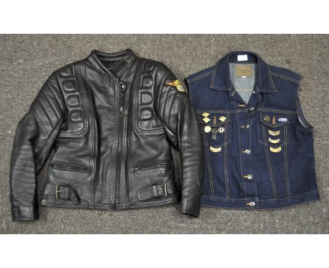 A ladies Harley Davidson leather jacket by Skintan, size Small, together with denim sleeveless jacket by Hardball Jeansware