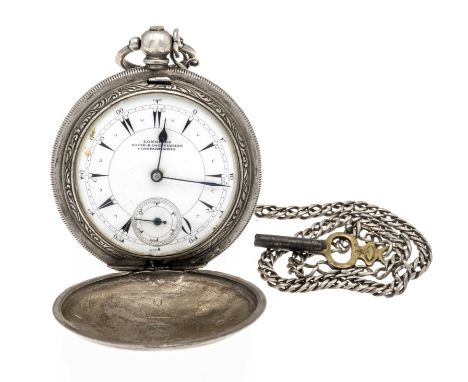 Herrentaschenuhr Sprungdeckel, Longines 800/000 Silber, guillochiertes Gehäuse mit freier Gravurkartusche, weißes Emaille Zif