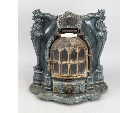 Emaille Ofen, Frankreich um 1900, Eisen emailliert, Tür m Glas. Bez. ''Siberia Niledo''. Emaille am Rand best, 68 x 65 x 38 c