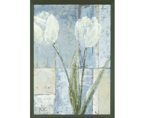 K. Kirchner, 21. Jh., moderne Komposition mit Tulpen, Öl auf Lwd., u. li. monoge., verso sign. u. dat. 2001, 100 x 70 cm, ger