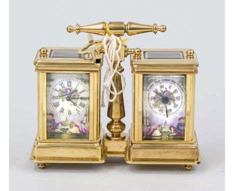 Reiseuhr und Barometer, 2.H.20.Jh., Messing vergoldet mit oben angebrachter Handhabe, vorne und oben facettiert verglast, uml
