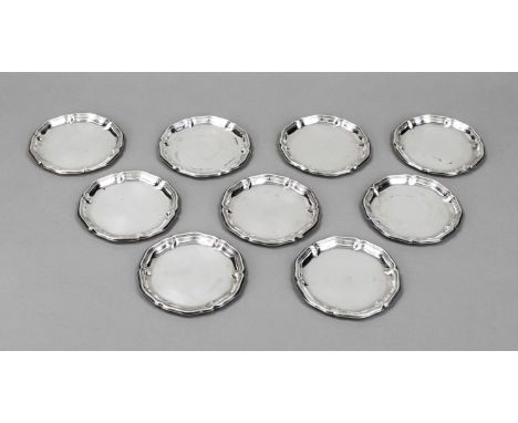 Neun Untersetzer, Deutsch, 20. Jh., MZ: M. H. Wilkens &amp; Söhne, Bremen-Hemelingen, Silber 835/000, Dresdner Barockrand, Ø 
