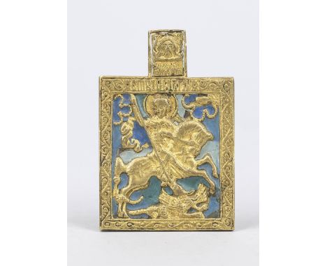 Amulett/Ikone mit dem Heiligen Georg, Russland 18./19. Jh., Bronze vergoldet, polychrome Emaille, leicht ber., 7 x 4,5 cm