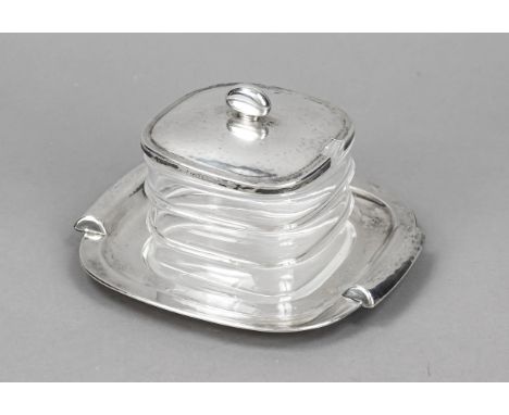 Art Déco Deckelgefäß mit Unterteller, Deutsch, um 1920/30, MZ: M. H. Wilkens &amp; Söhne, Bremen-Hemelingen, Silber 830/000, 