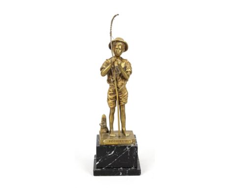 Adolphe Jean Lavergne (ca. 1863-1928), frz. Bildhauer, ''Le pecheur'', Bronzeskulptur eines jungen Anglers, einen Köder aufzi