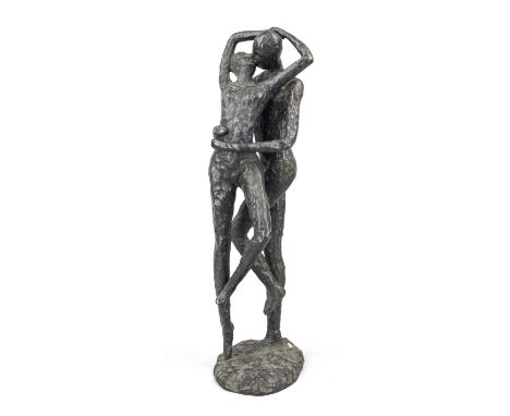 Unidentifizierter Bildhauer Mitte 20. Jh., stilisiertes Liebespaar, patinierte Bronze, im Stand undeutl. sign. ''Bes...'', H.