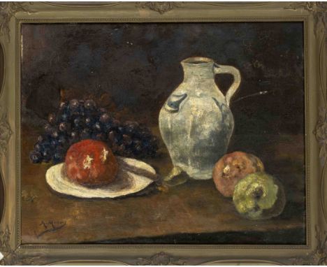 M. Mertens, Künstler um 1910, Früchtestillleben mit Krug, Öl auf Karton, u. li. sign., min. ber., 40 x 50 cm, ger. 47 x 57 cm
