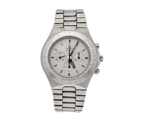 Omega Speedmaster Teutonic, Handaufzug, Chronograph, Stahl,  Ref. 1450040/3450803 aus 1984, graues Zifferblatt mit Balkenindi