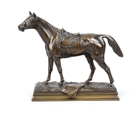 Prosper Lecourtier (1855-1924), Statuette eines Rennpferdes, patinierte Bronze, in der Terrainplinthe sign. u. bez. ''Mon Fav