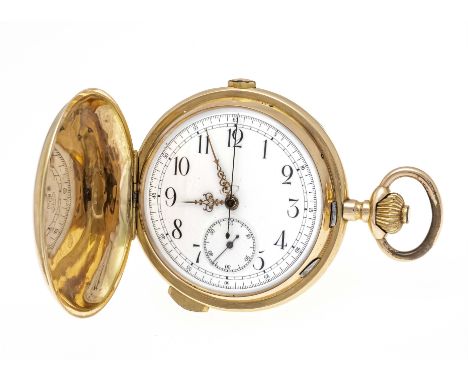 1/4 Std. Repetitions- Sprungdeckel Herrentaschenuhr, mit Chronograph, 585/000 GG, poliertes Gehäuse mit leichten Dellen, 3 De