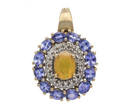 Opal-Tansanit-Diamant-Clipanhänger GG 375/000 mit einem oval fac. Opal 7,8 x 6 mm, 12 oval fac. Tansaniten und 18 Achtkant-Di