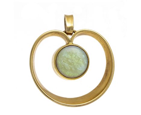 Opal-Anhänger GG 585/000 mit einem runden Opal-Cabochon 11 mm in leichtem grünlich-türkisen Farbenspiel, L. 32 mm, 9,1 g