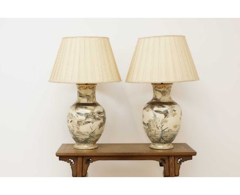 A pair of large Satsuma vase table lamps,early 20th century, Japanese, Kinkozan School, each painted in the round with geese 