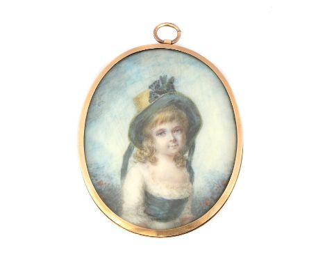 R... Fortin (18th century)Portrait of a young girl with golden hair in a blue dress and straw hat bedecked with ribbonssigned