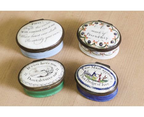A George III enamel patch box,c.1780, Staffordshire, the lid inscribed 'This trifle tho small will remind you of one whose he