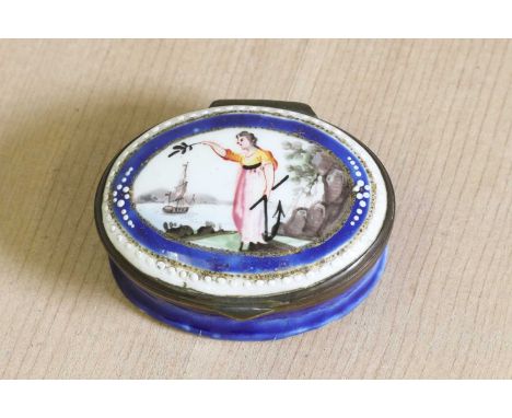 A commemorative enamel patch box,c.1802, Staffordshire, painted with Britannia holding an olive branch waving to a ship out a