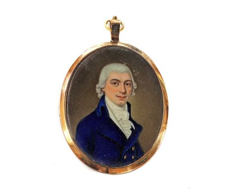 English School, 18th centuryPortrait of a gentleman in a blue coatoval6.2 x 4.8cm, with a fan-shaped hair design set with see