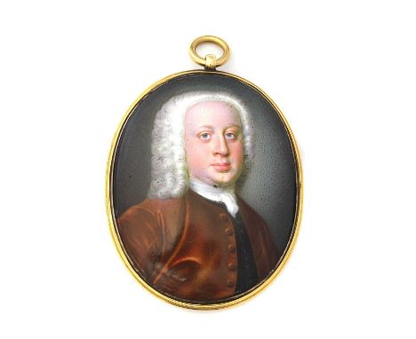 Noah Seaman (fl.1723-1741)Portrait of a gentleman in a brown coat and black waistcoatenamel, oval4.8 x 3.9cm