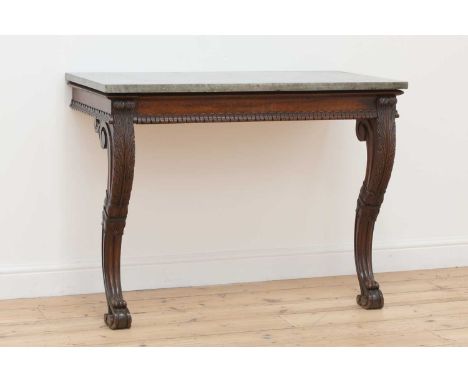 A Regency oak marble top console table,the grey veined marble top over a frieze drawer, fitted for cutlery, with moulded deco