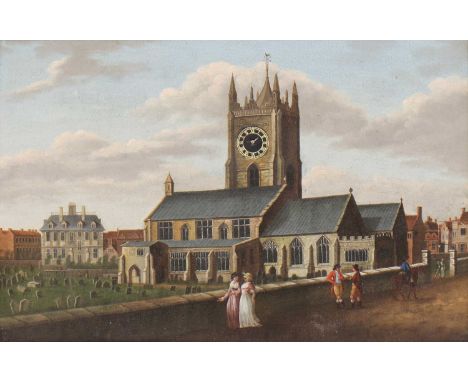 English School, late 18th centuryA view of the church of St Peter and St Paul, Wisbech, with figures conversing outside on Ch