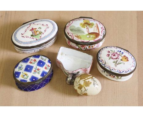 Five George III enamel patch and other boxes,late 18th/early 19th century, variously decorated with scenes and floral pattern