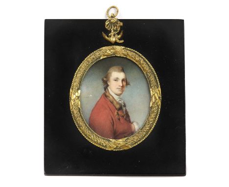 Attributed to Richard Cosway RA (1742-1821) Portrait of the Hon. Shaw Lefevre in a red coat and white lace stockon ivory, ova