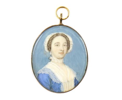 Penelope Carwardine (1730-1800)Portrait of a woman in a lace-trimmed blue dress, lace mob cap, lace fichu and choker, and pea