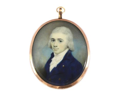 Attributed to Samuel Shelley (1750-1808)Portrait of a young man in a blue coat and white stockon ivory, oval7.2 x 6cmConditio