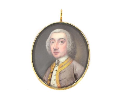 Nathaniel Hone RA (Irish, 1718-1784)Portrait of a gentleman in a lilac jacket with gold braiding and cream waistcoat signed w