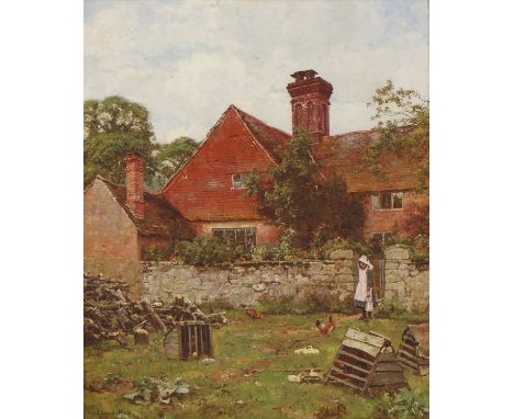 Edward Wilkins Waite (1854-1924)A girl by a garden gate, tending to her chickens and duckssigned 'Edward Waite' and dated 189