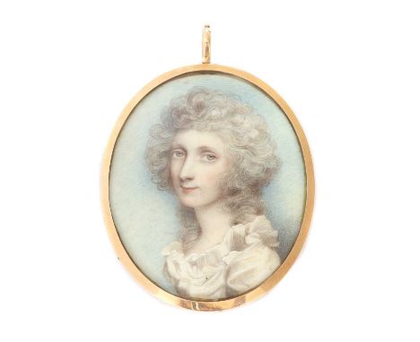 Nathaniel Plimer (1757-1822)Portrait of Mrs Amos Gordon wearing a white ruffled dresson ivory, oval5.7 x 4.6cm, with blue gla