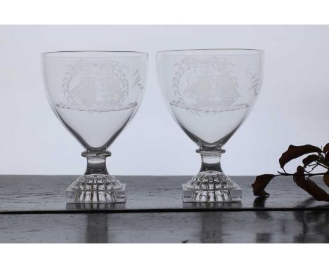 A pair of glass shipping rummers, c.1780, each engraved with a ship at full sail, titled ‘Alfred’, the reverse engraved with 