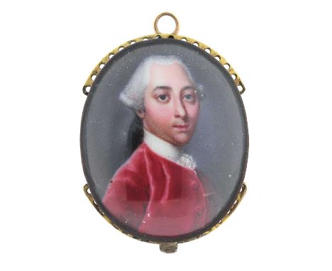 English School, 18th centuryPortrait miniature of a gentleman in a red coat, c.1755enamel, oval3.5 x 3cm, in a bracelet mount