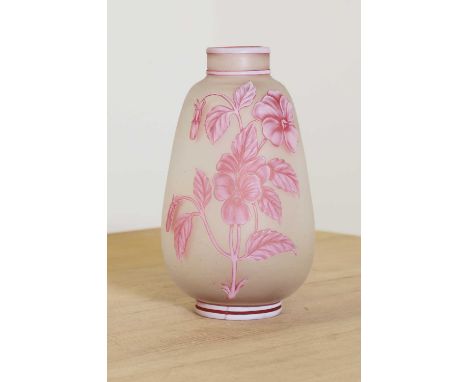 A Thomas Webb &amp; Sons three-colour cameo glass vase, c.1890, the short neck over a tapering body, carved with flowers in o