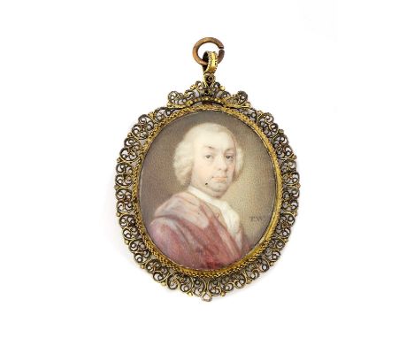 Thomas Worlidge (1700-1766)Portrait of a gentleman in a red cloak and white stocksigned with initials 'TW' l.r., on ivory, ov