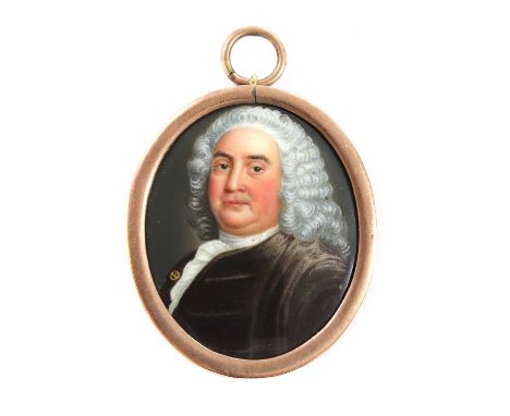 English School, 18th centuryPortrait of a gentleman in a brown coat and white stockenamel, oval3 x 2cm