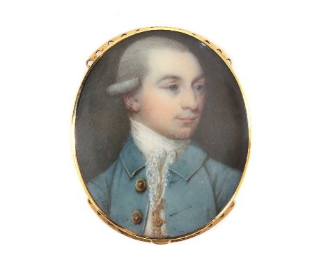 English School, 18th centuryPortrait of a gentleman in a blue coat, white waistcoat and lace stockon ivory, oval3.5 x 3cm, in