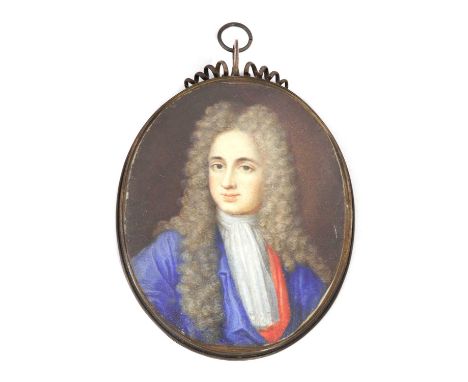 Attributed to Bernard III Lens (1682-1740)Portrait of a gentleman in a blue coat and red waistcoaton card, oval10 x 8cmBernar